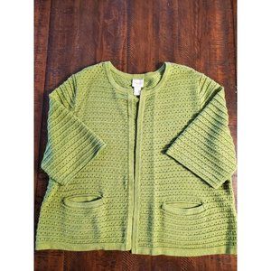 Chico's 2 Women L Open Front Cardigan Sweater Grass Green 3/4 Sleeve Knit blazer
